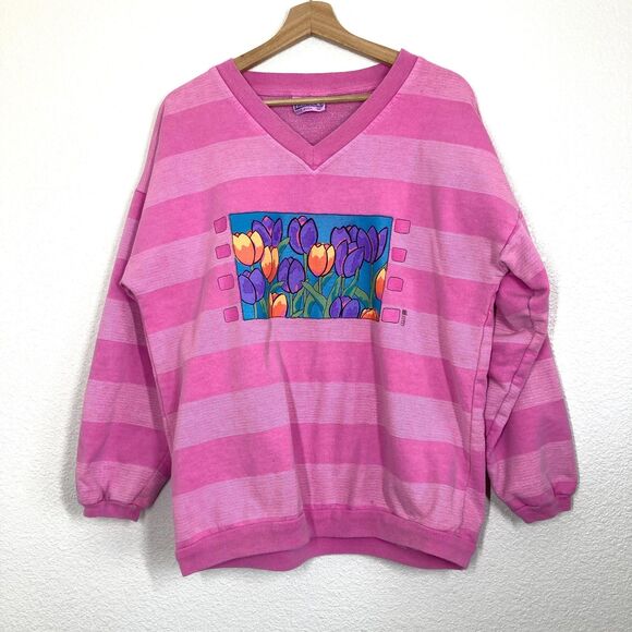 Fresh Produce Sweaters - Vintage Fresh Produce Sweater Womens Medium Striped Tulip Floral Pullover USA